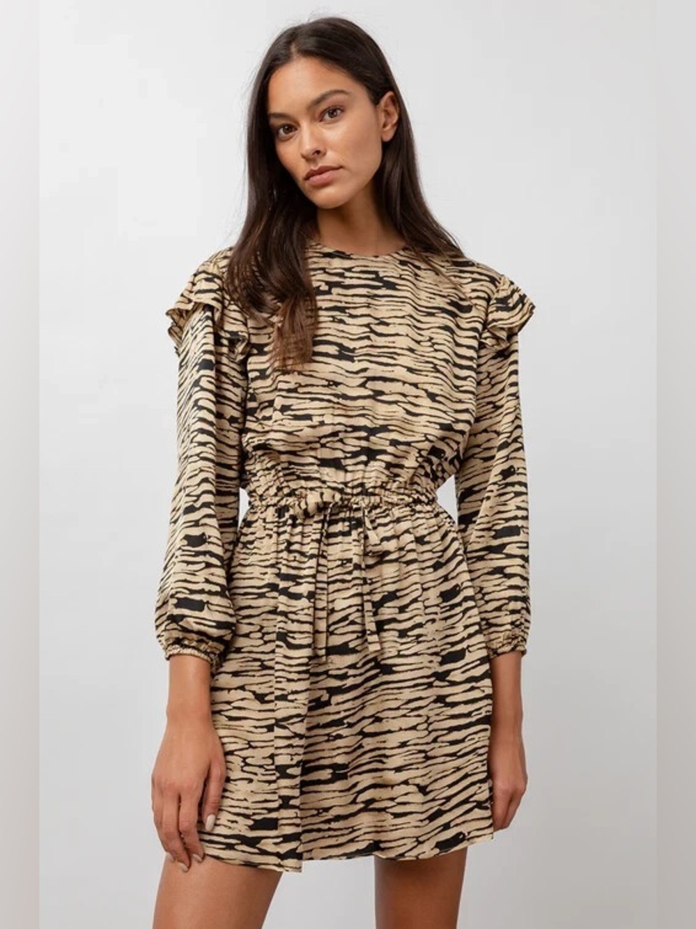 Rails Ora Tiger Stripe Ruffle Mini Dress Canyon Gold Brown Black Size XS